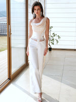 Off-Shoulder Floating Strap Cowl Neck Boned Crop Top