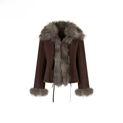 Bow Knot Tie Faux Leather Fur Combo Jacket