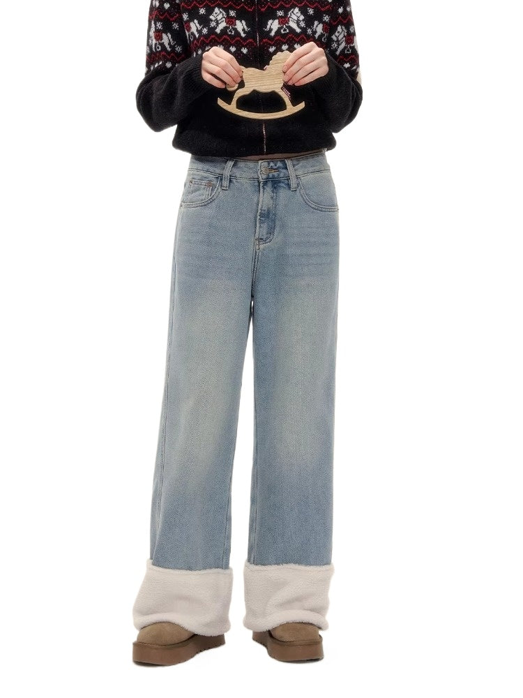 Blue Shearling-Trim Straight-Leg Denim Pants