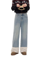 Blue Shearling-Trim Straight-Leg Denim Pants