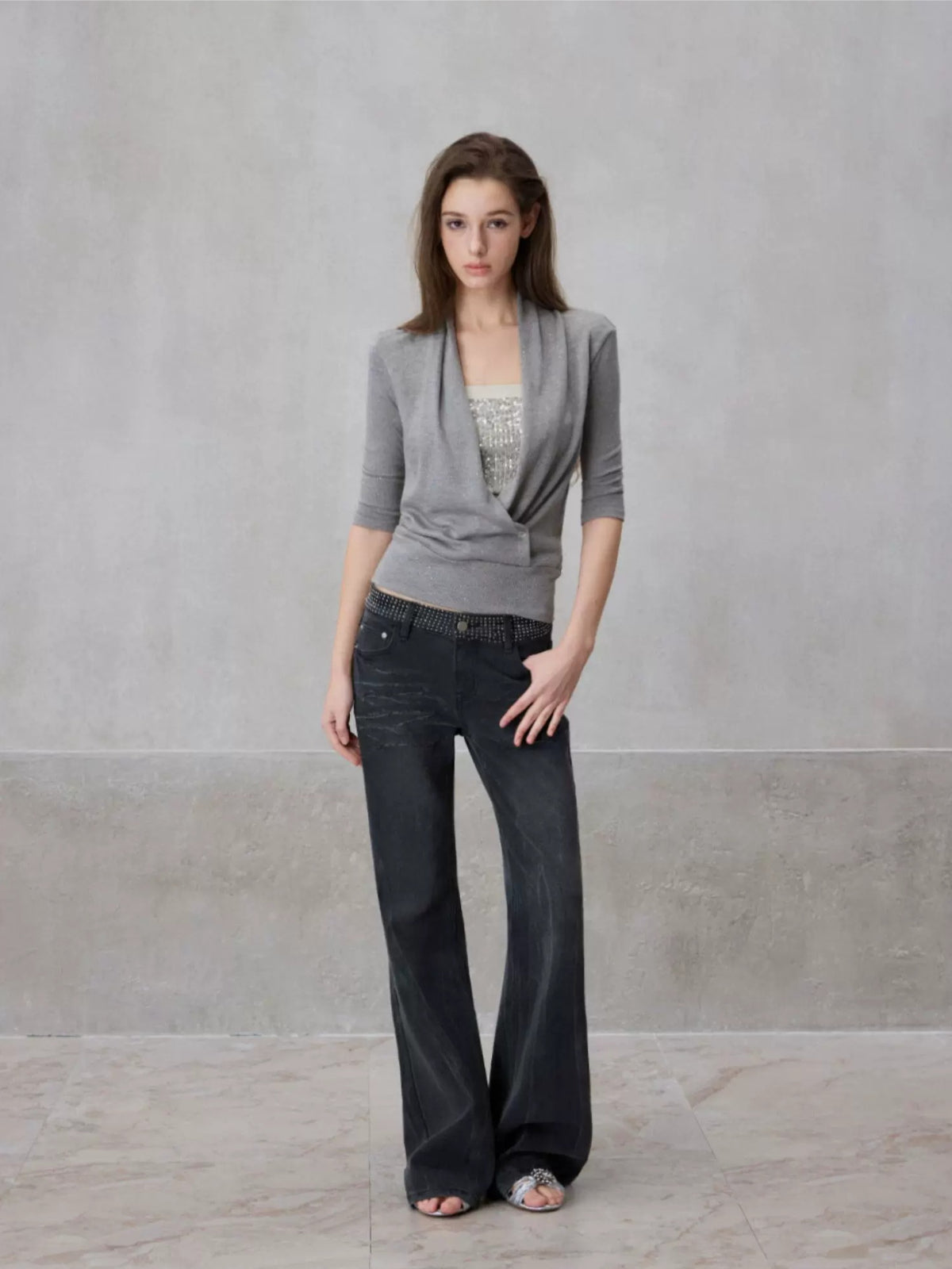 Silver Sequin Draped Top