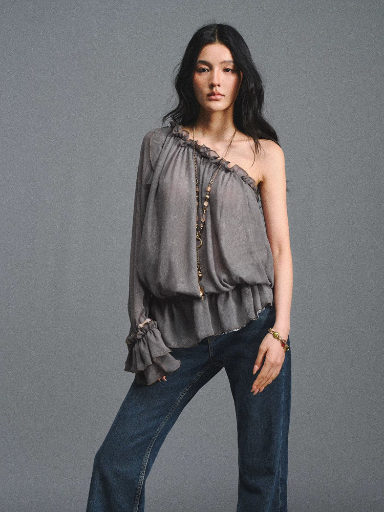 Turquoise One-Shoulder Chiffon Blouse