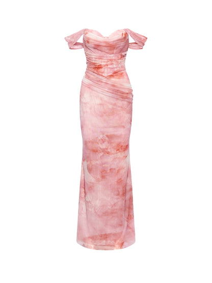One-shoulder Pleated and Gradient-dyed Dress