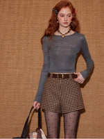 Brown Plaid Wool Belted Shorts