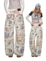 Cat Newspaper Print Canvas Pants