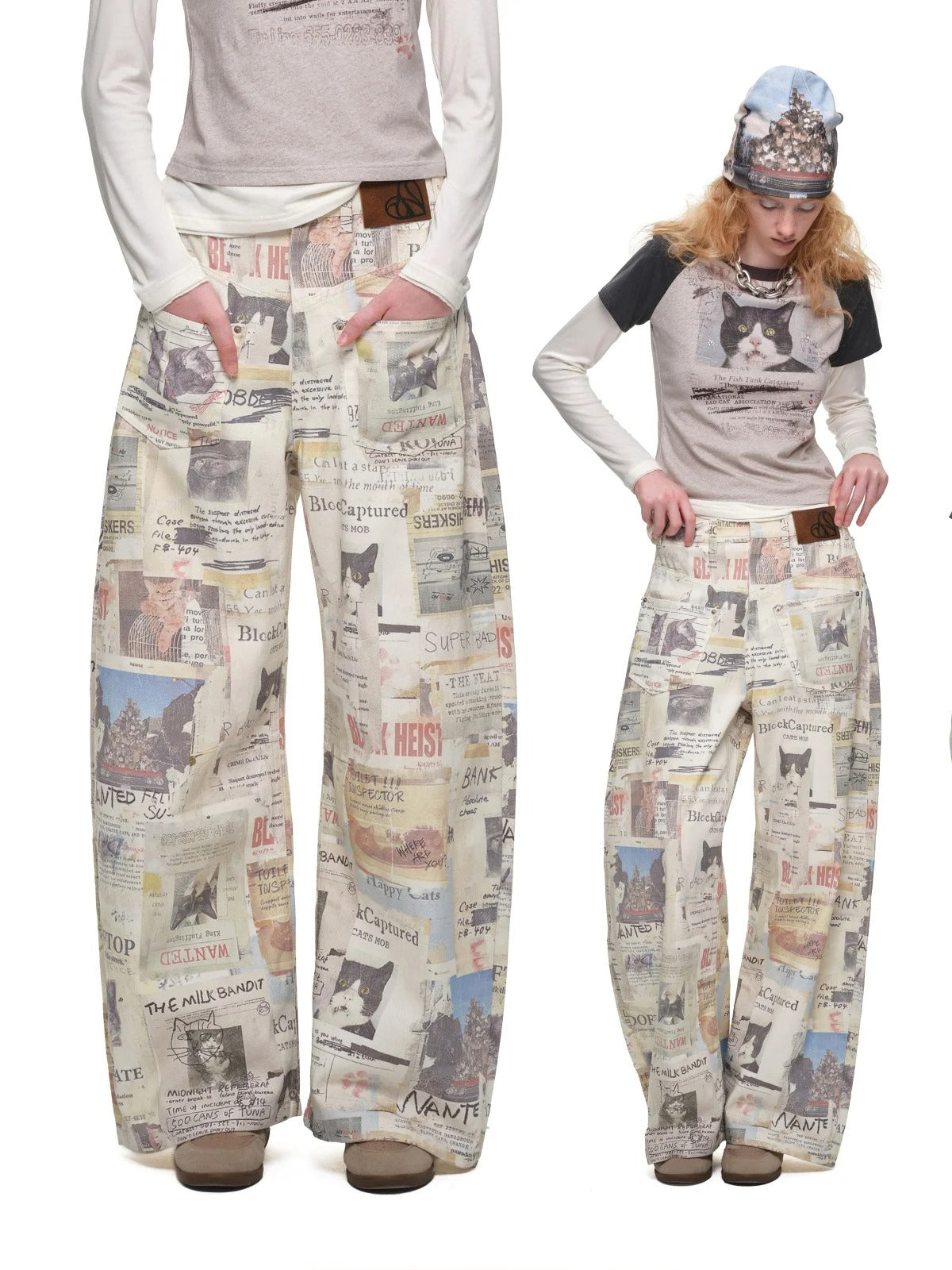 Cat Newspaper Print Canvas Pants