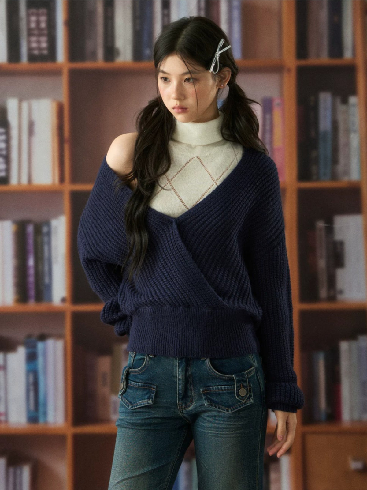 Oversized Deep V-Neck Wool Knit Sweater