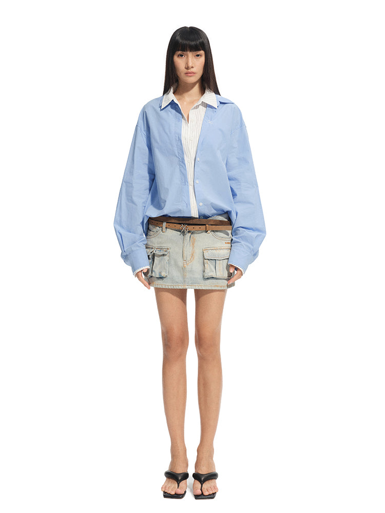 Wrinkle-Resistant Striped Fake Two-Piece Silhouette Collared Shirt