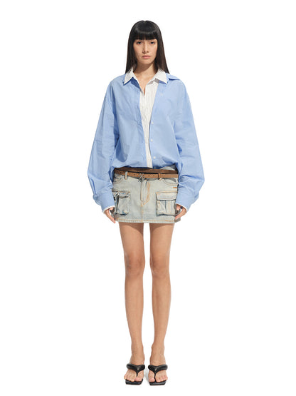 Wrinkle-Resistant Striped Fake Two-Piece Silhouette Collared Shirt
