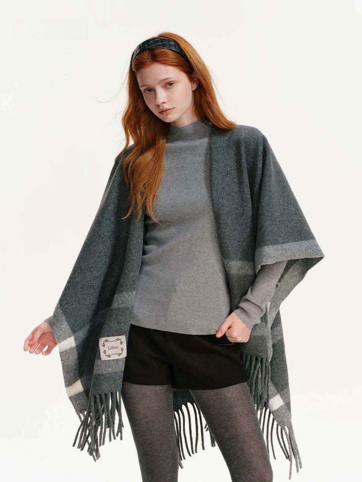 Contrast Plaid Fringed Knit Shawl
