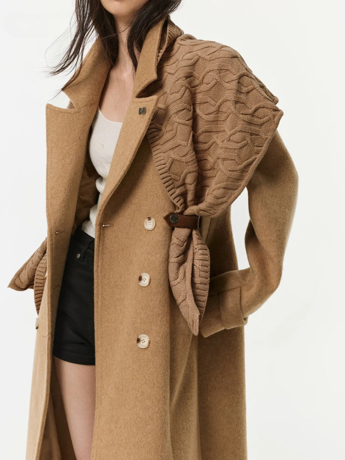 Detachable Knit Shawl Wool-Blend Coat
