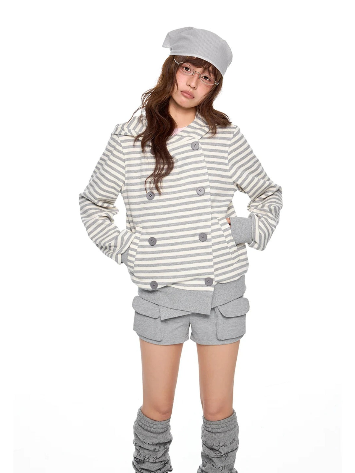 Double-Breasted Striped Hooded Cardigan
