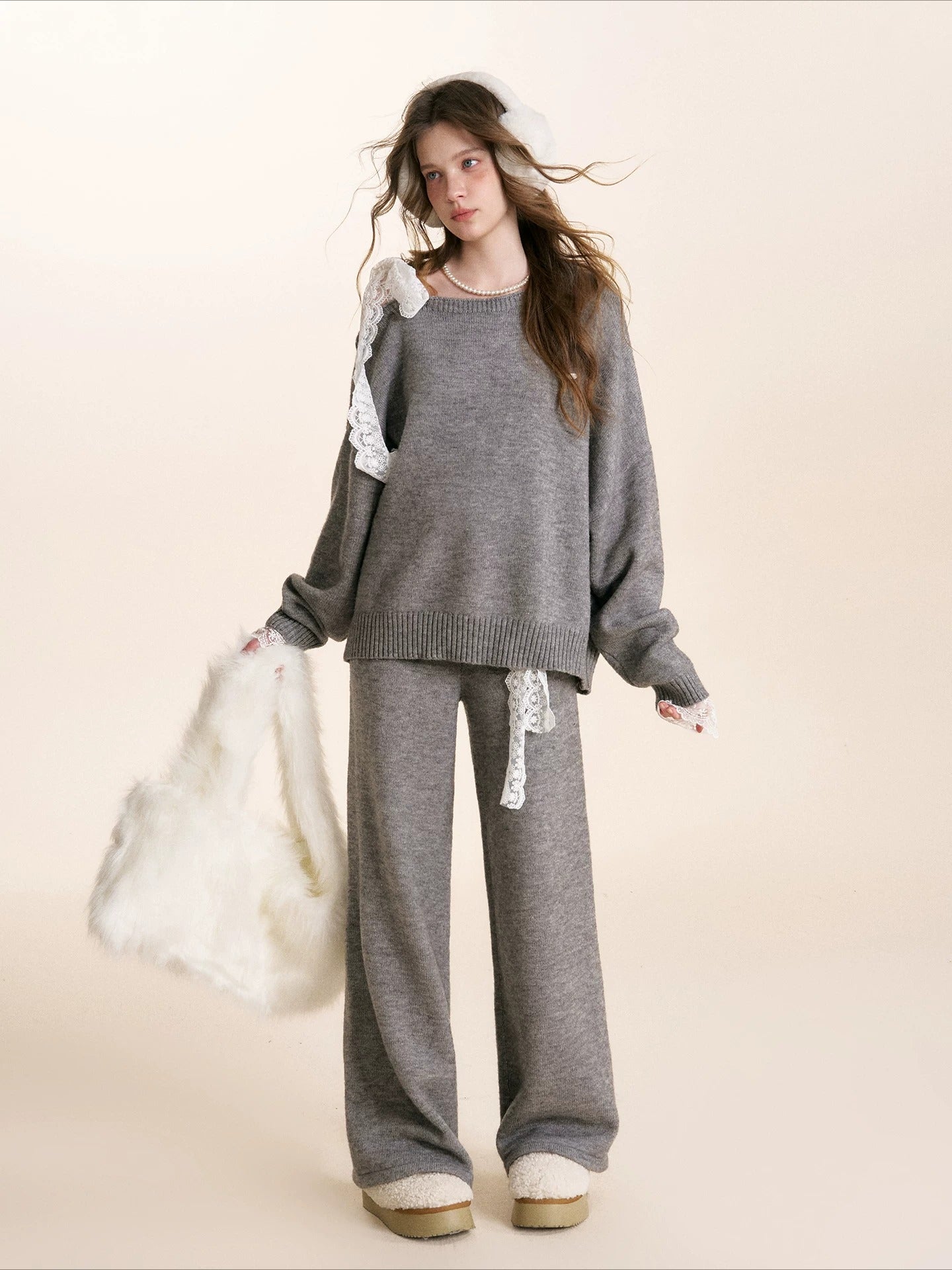 Gray &amp; Apricot Lace-Tie Knit Set