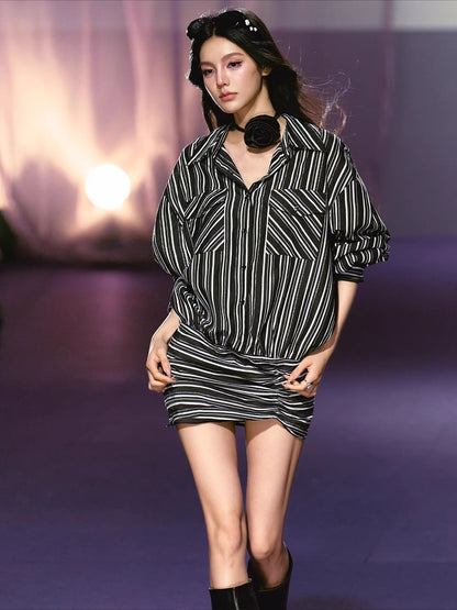 Detachable Floral Striped Shirt Dress