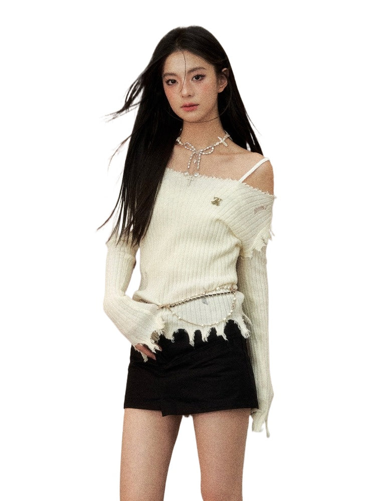 Khaki & Off-white Frayed Edge Sweater