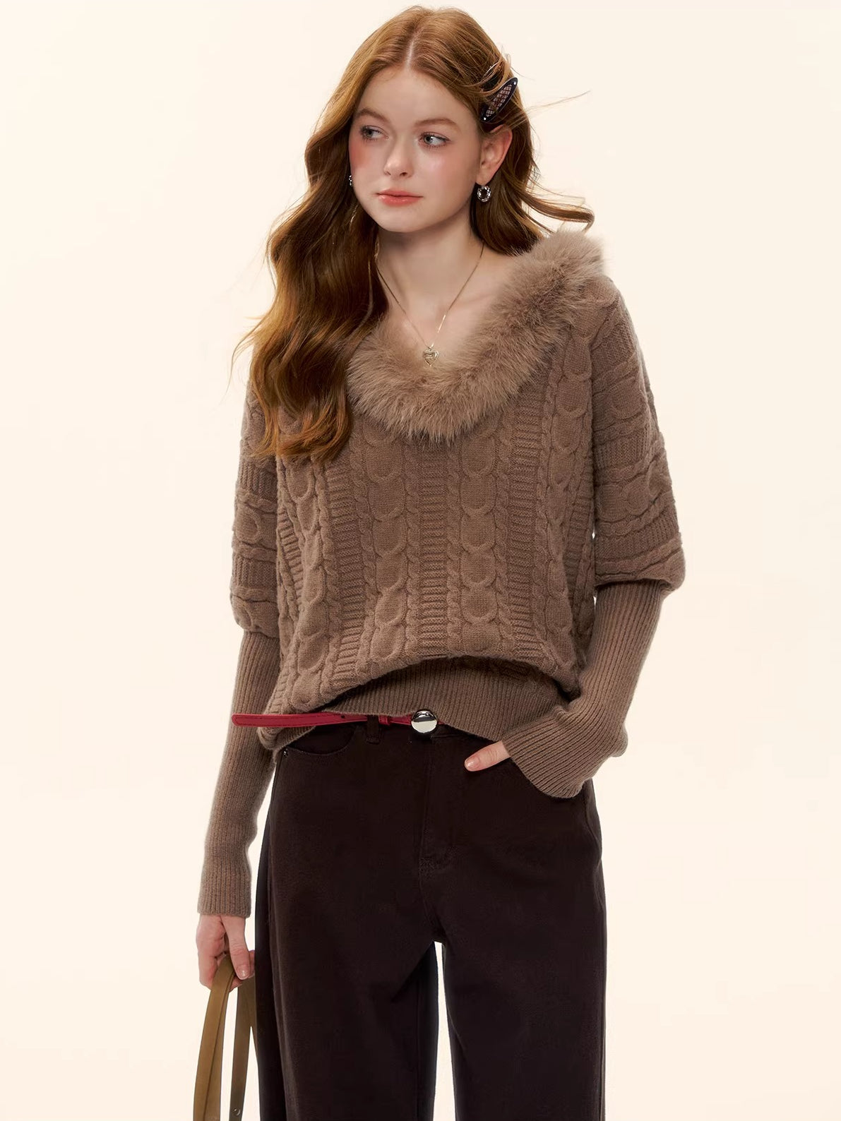 V-Neck Cable Knit Sweater
