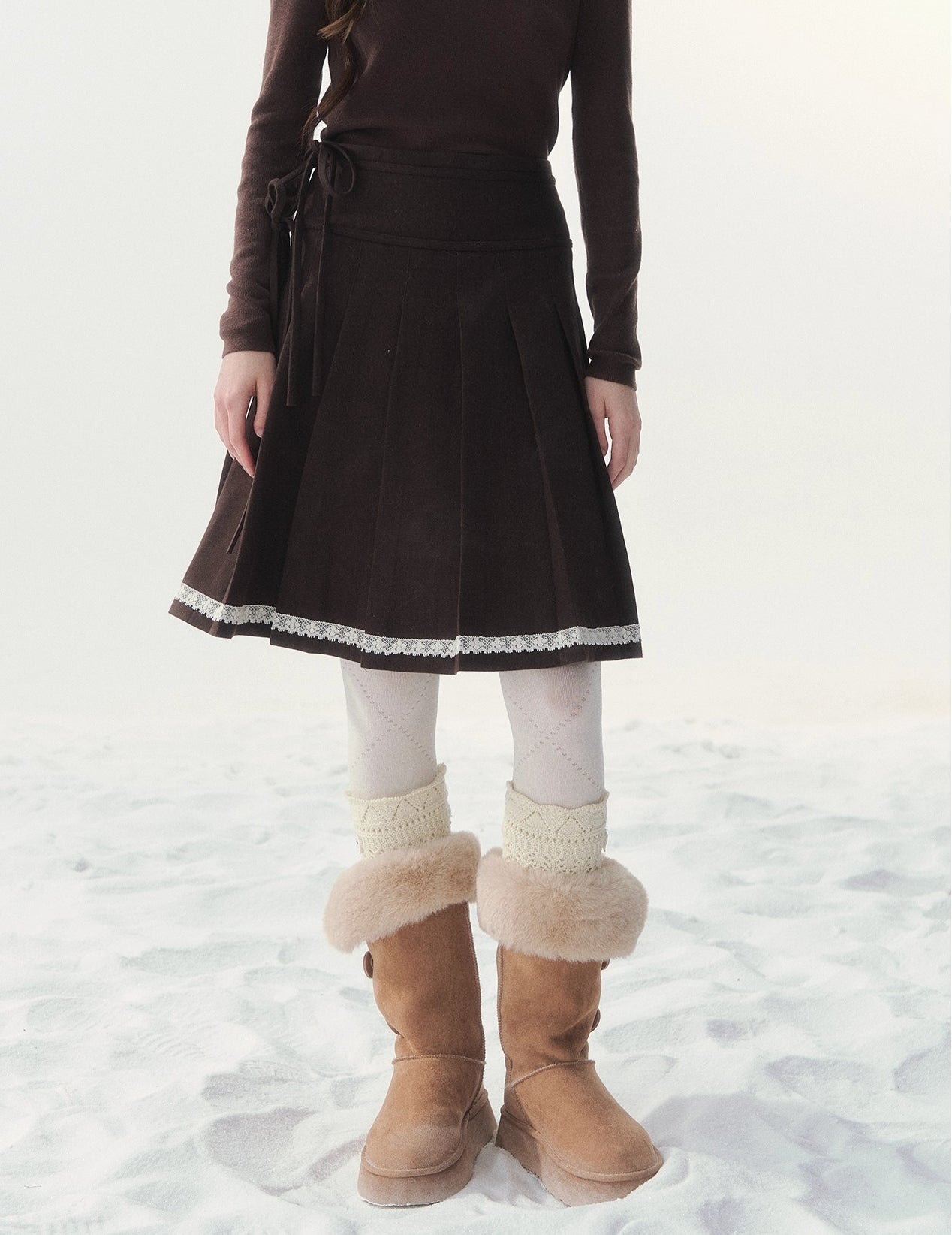 Brown &amp; Gray Wool Pleated Lace Skirt