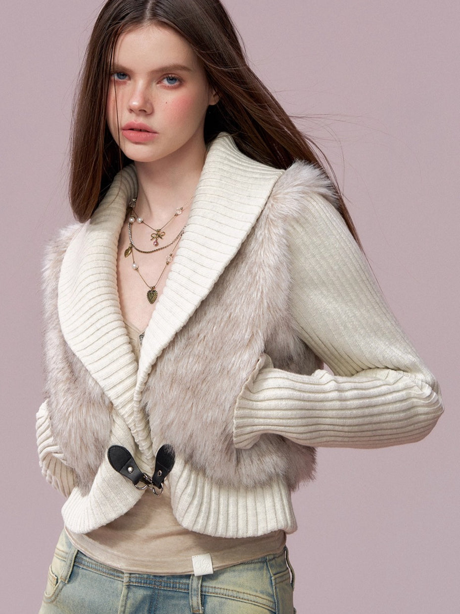 Faux Fur Panel Knitted Short Jacket