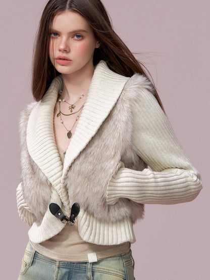 Faux Fur Panel Knitted Short Jacket