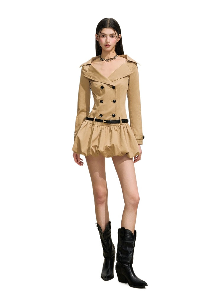 Trench-Style Double-Breasted Waist-Defined Dress