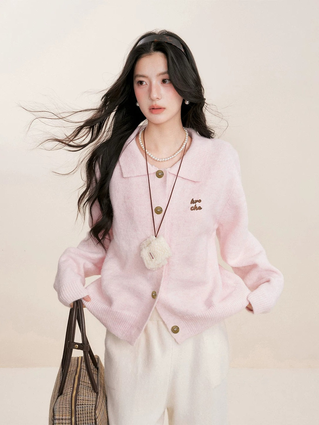 Pink Knit Turn-Down Collar Cardigan Set