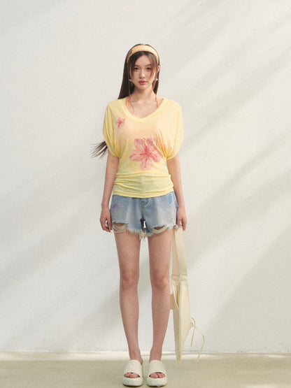 Floral V-Neck Bat-Sleeve T-Shirt