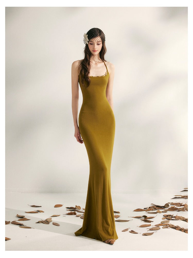 Beaded Halter Knit Fishtail Dress