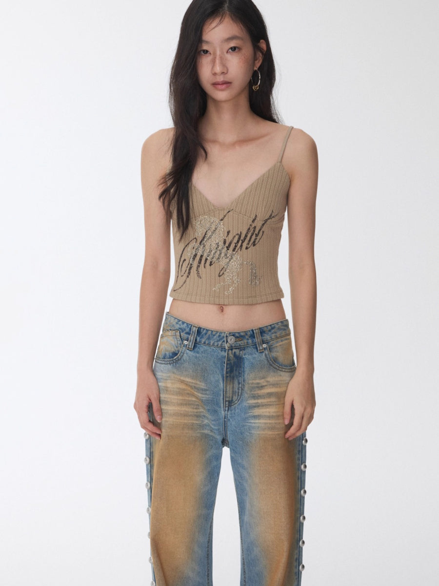 Knight Horse Rhinestone Cable Knit Cami Top