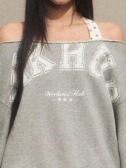 Off-Shoulder Halter Faux Layer Sweatshirt