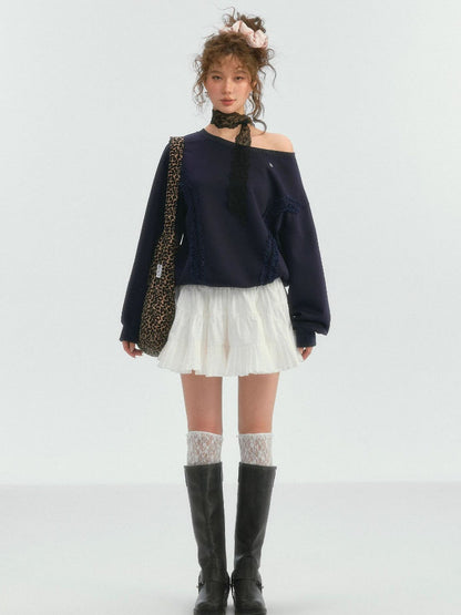 Lace Trim Off-Shoulder Sweatshirt