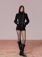 Sparkling Tweed High Neck Waist Cinching Jacket