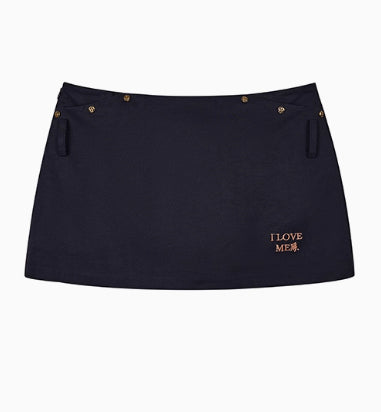 &quot;I LOVE ME&quot; Embroidered Rose Belt A-Line Mini Skirt