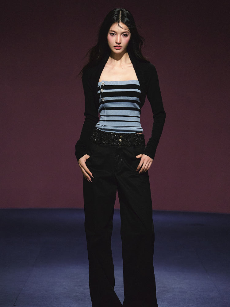 Striped Contrast Hand-Sewn Button Tube Top &amp; Shrug Set
