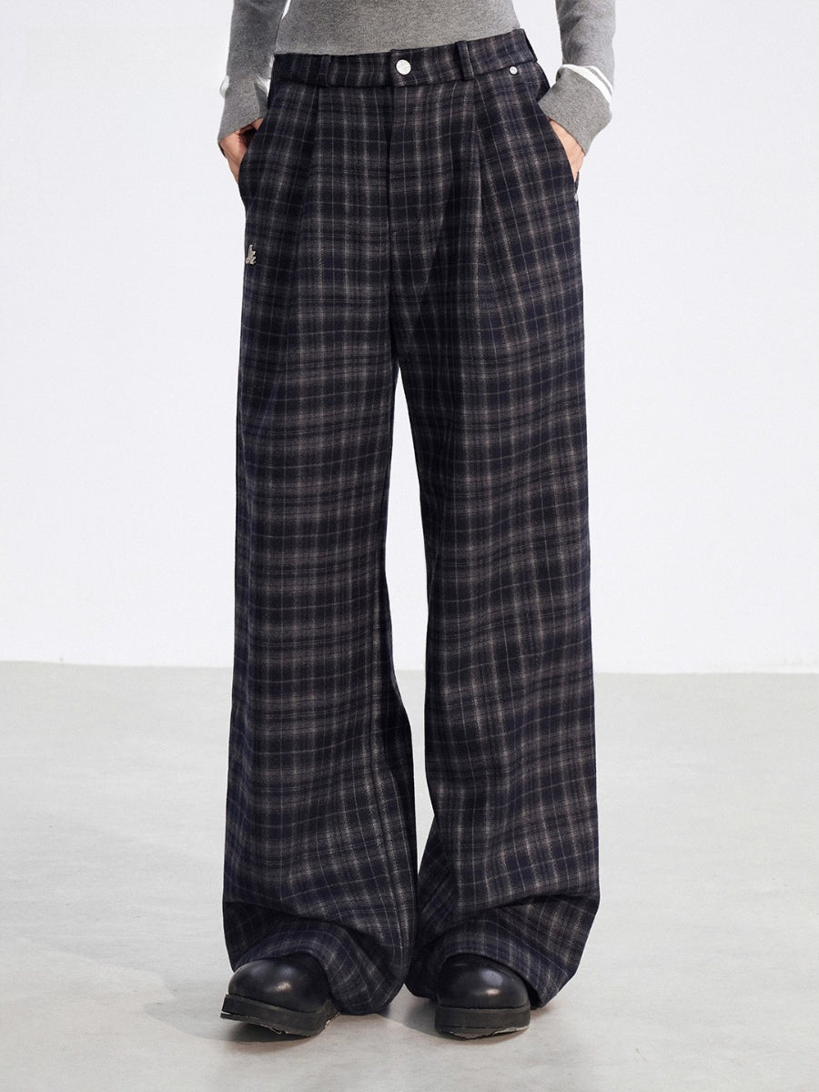 Gray Fleece Checkered Wide-Leg Pants
