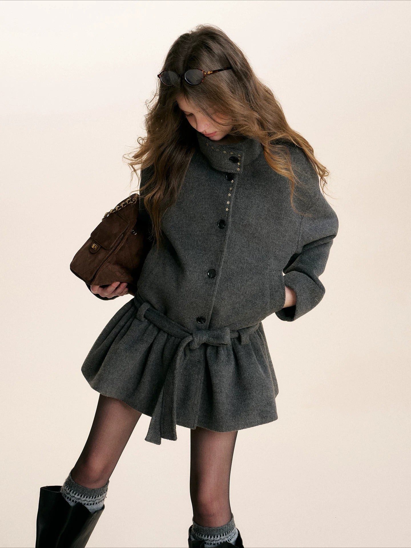 Gray Floral Sequin Wool Coat