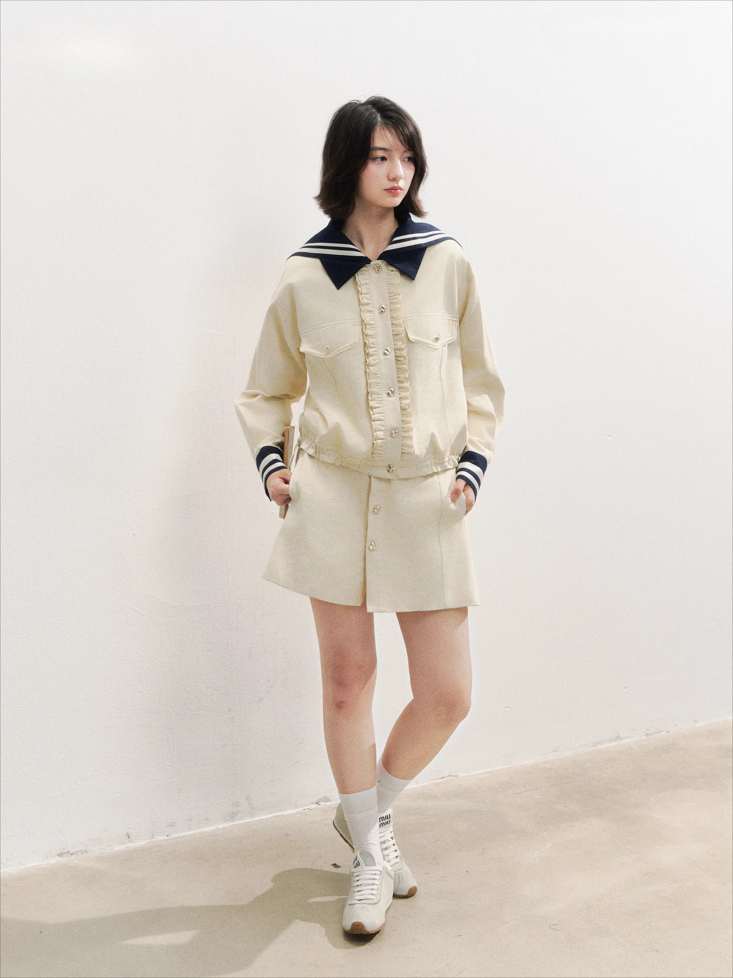 Naval Collar Vintage Stylish Jacket &amp; Skirt Set