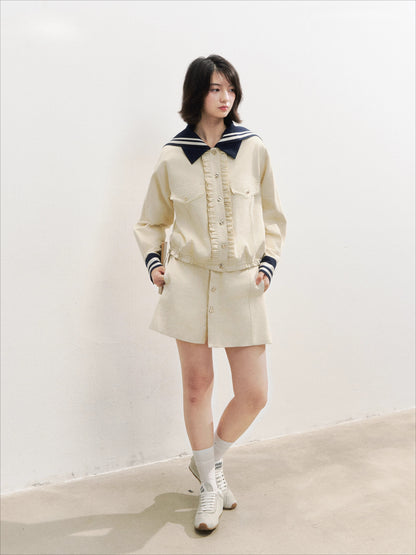 Naval Collar Vintage Stylish Jacket &amp; Skirt Set