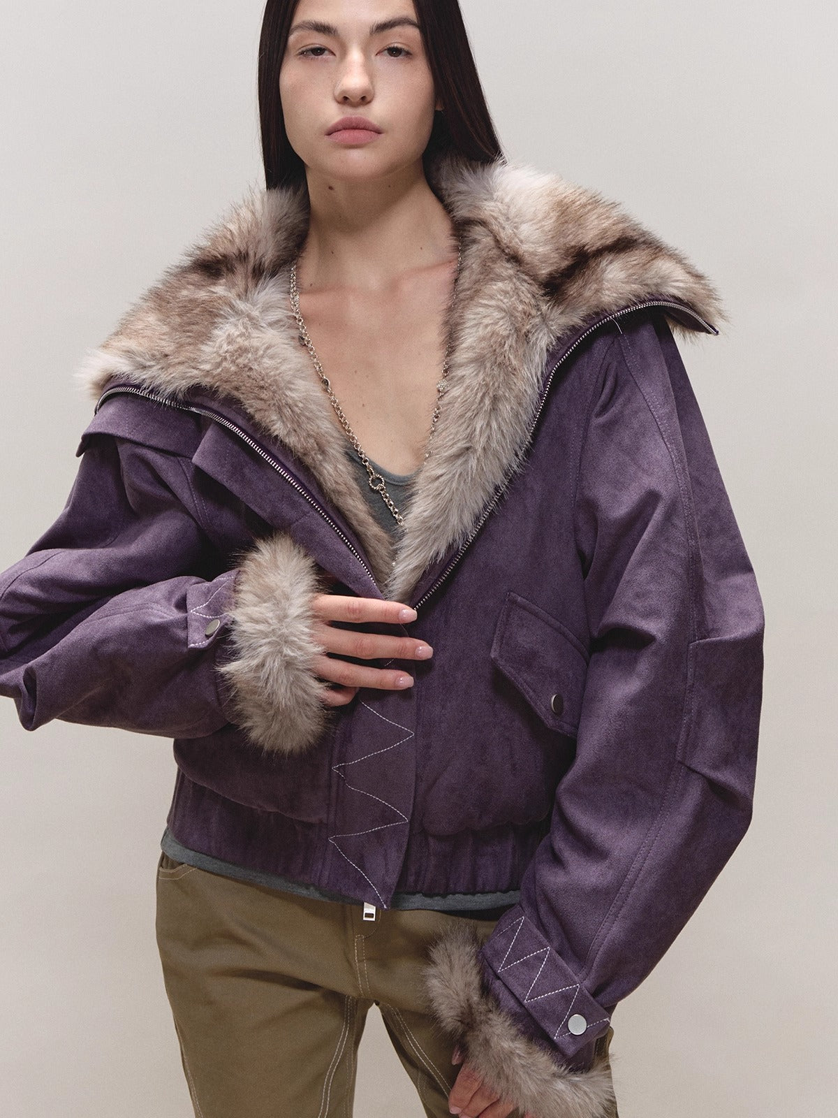 Faux-Suede Fur-Collar Quilted Parka