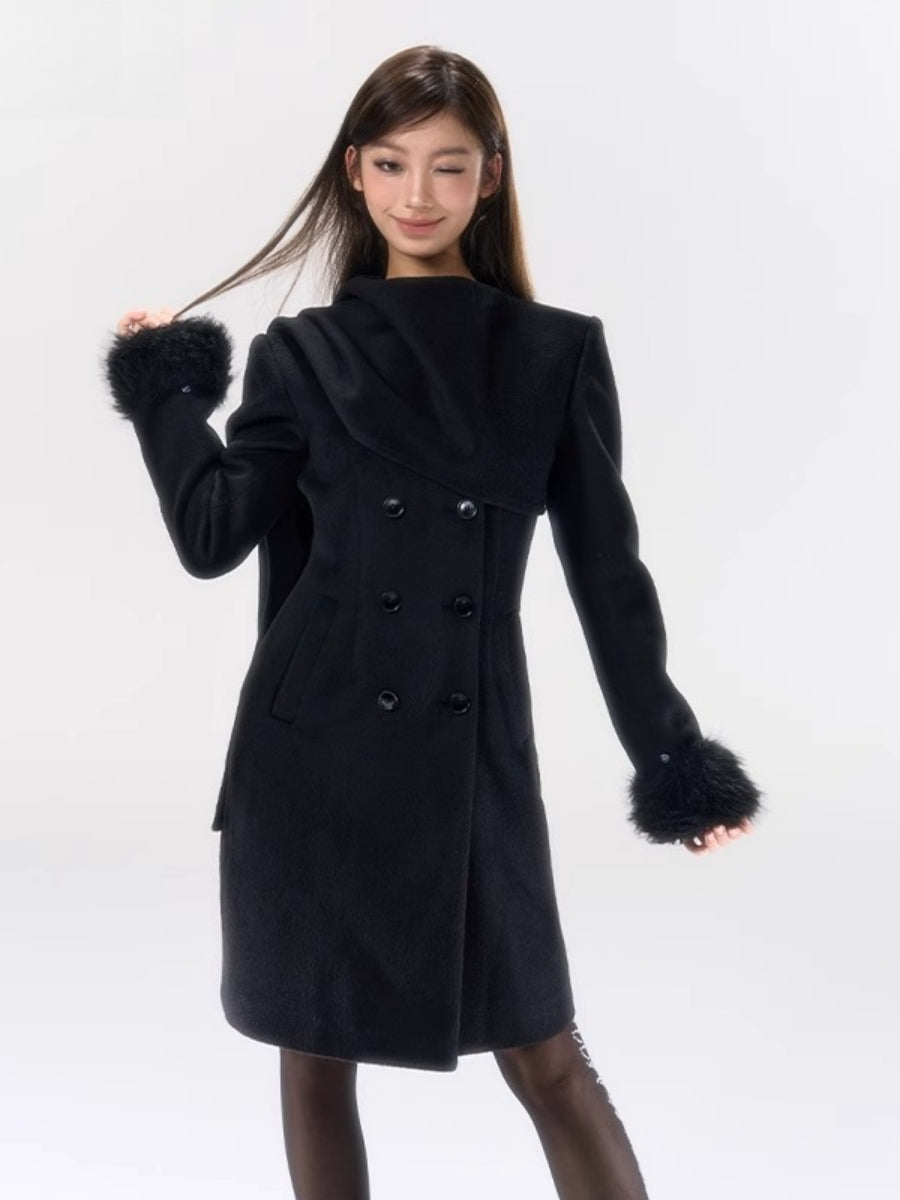 Wool-Blend Scarf-Collar Midlength Waist-Defined Coat