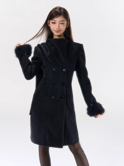 Wool-Blend Scarf-Collar Midlength Waist-Defined Coat