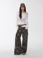 Washed Camo Multi-Pocket Cargo Wide-Leg Pants