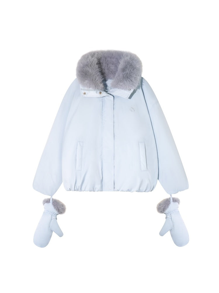 Detachable Fur Collar Short Down Jacket &amp; Gloves Set