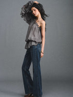 Turquoise One-Shoulder Chiffon Blouse