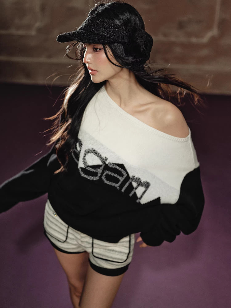 Contrast Off-Shoulder Wool Sweater