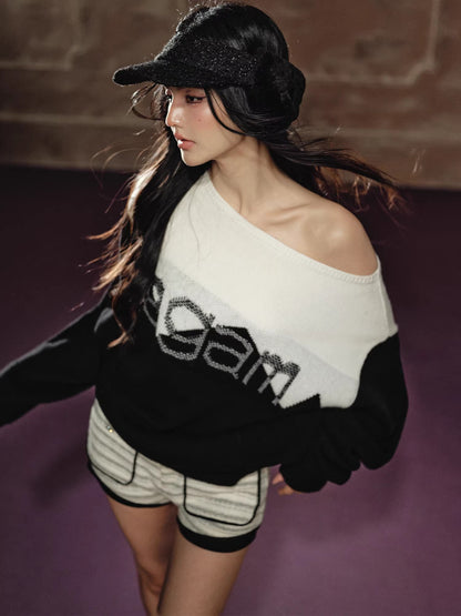 Contrast Off-Shoulder Wool Sweater