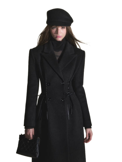 Waist-Tie Double-Breasted Wool Coat