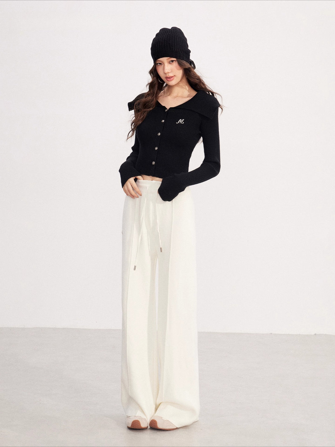 Fleece-lined Knit Elastic Waist Wide-leg Pants