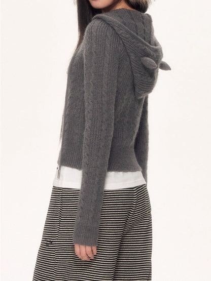Grey Cat-Ear Knit Hoodie