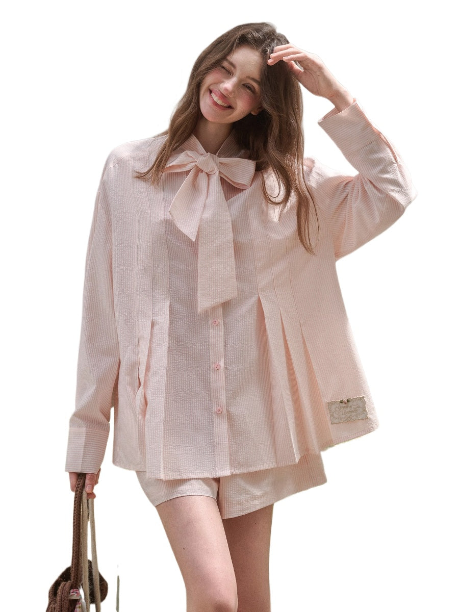 "Perfume Memoir" Tencel Cotton Bow Blouse Set