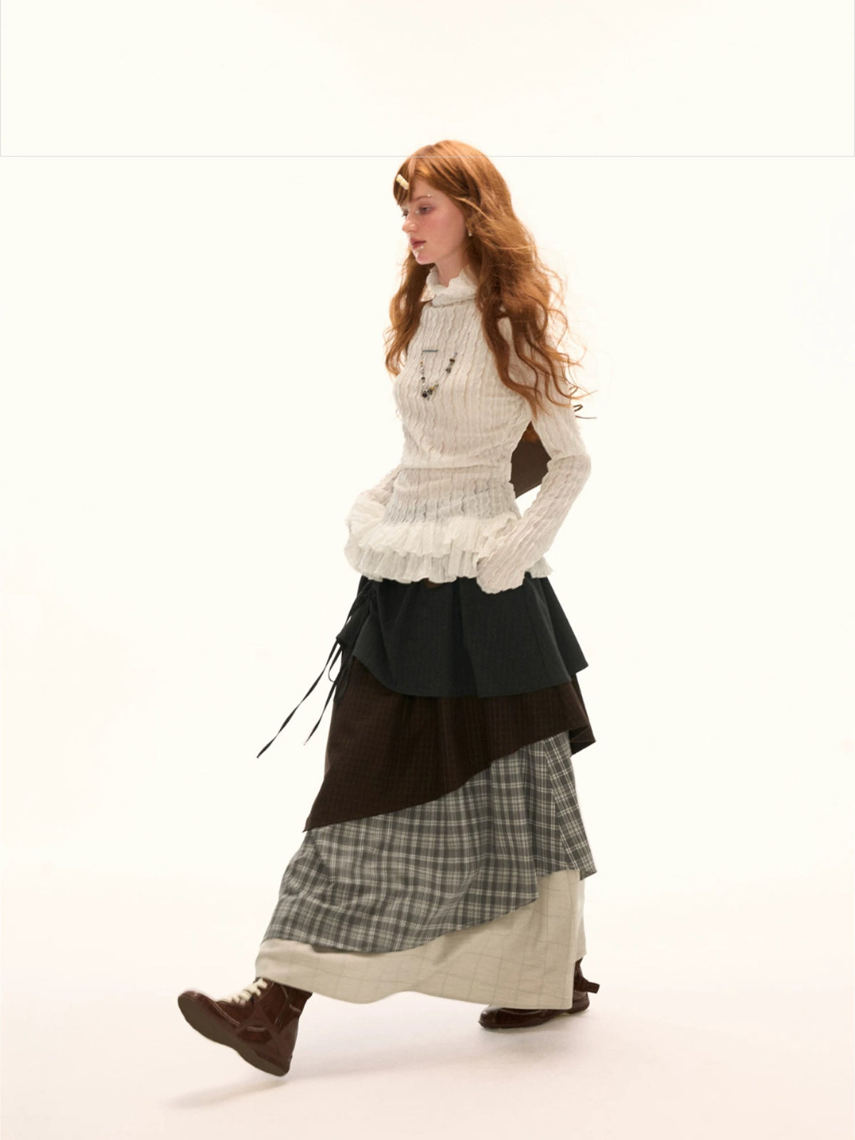 Ruffle High-Neck Slim Long Sleeve Top